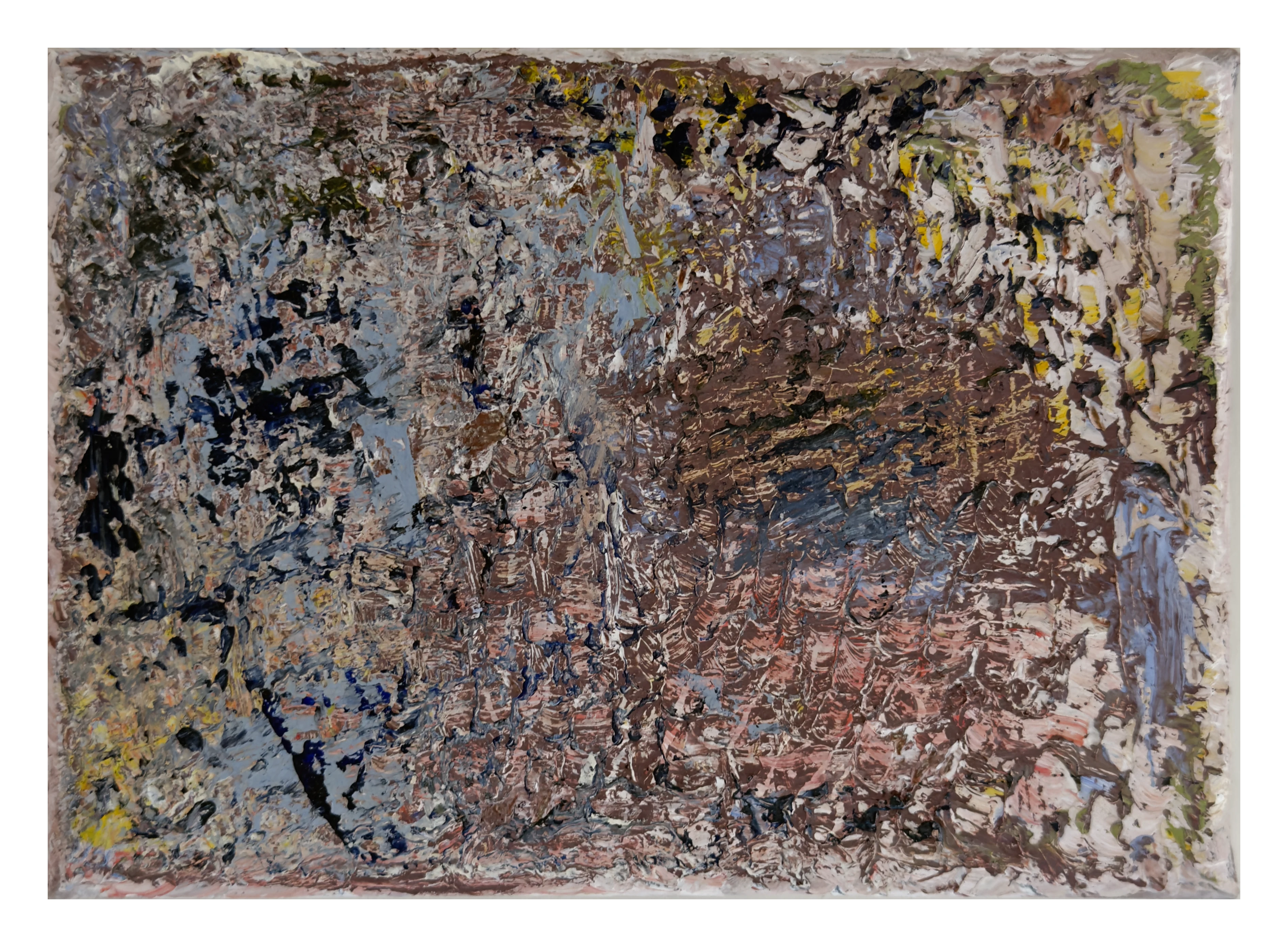 Untitled abstract oil painting in layered muted pink, gray, black, and yellow