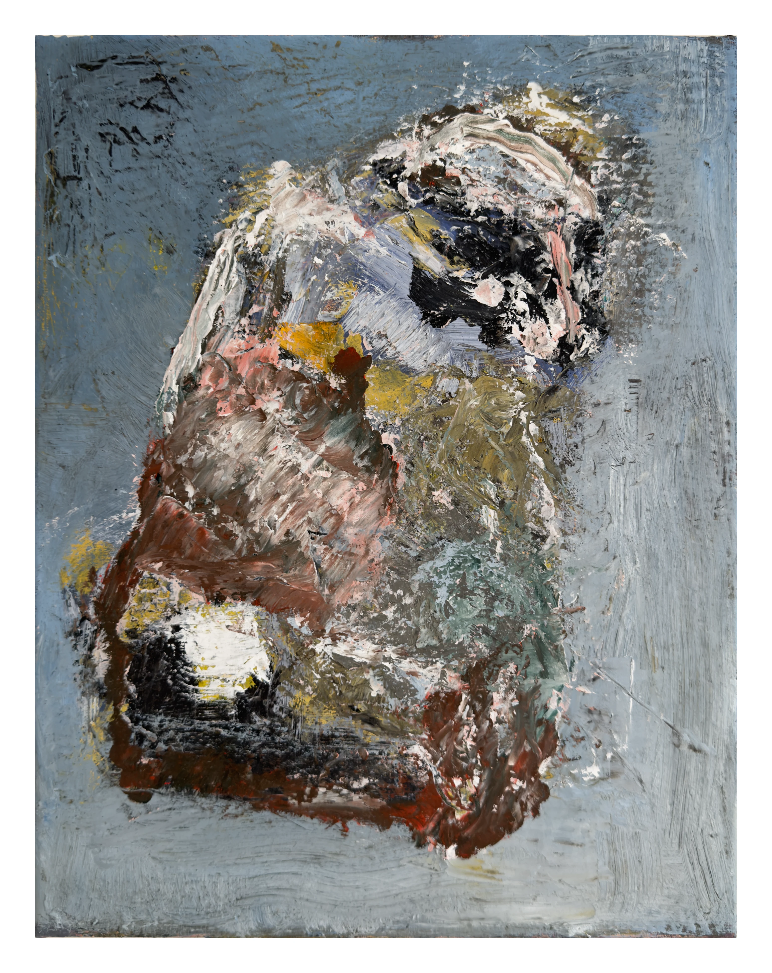Untitled acrylic and oil painting with a layered figure-like form on a blue-gray ground