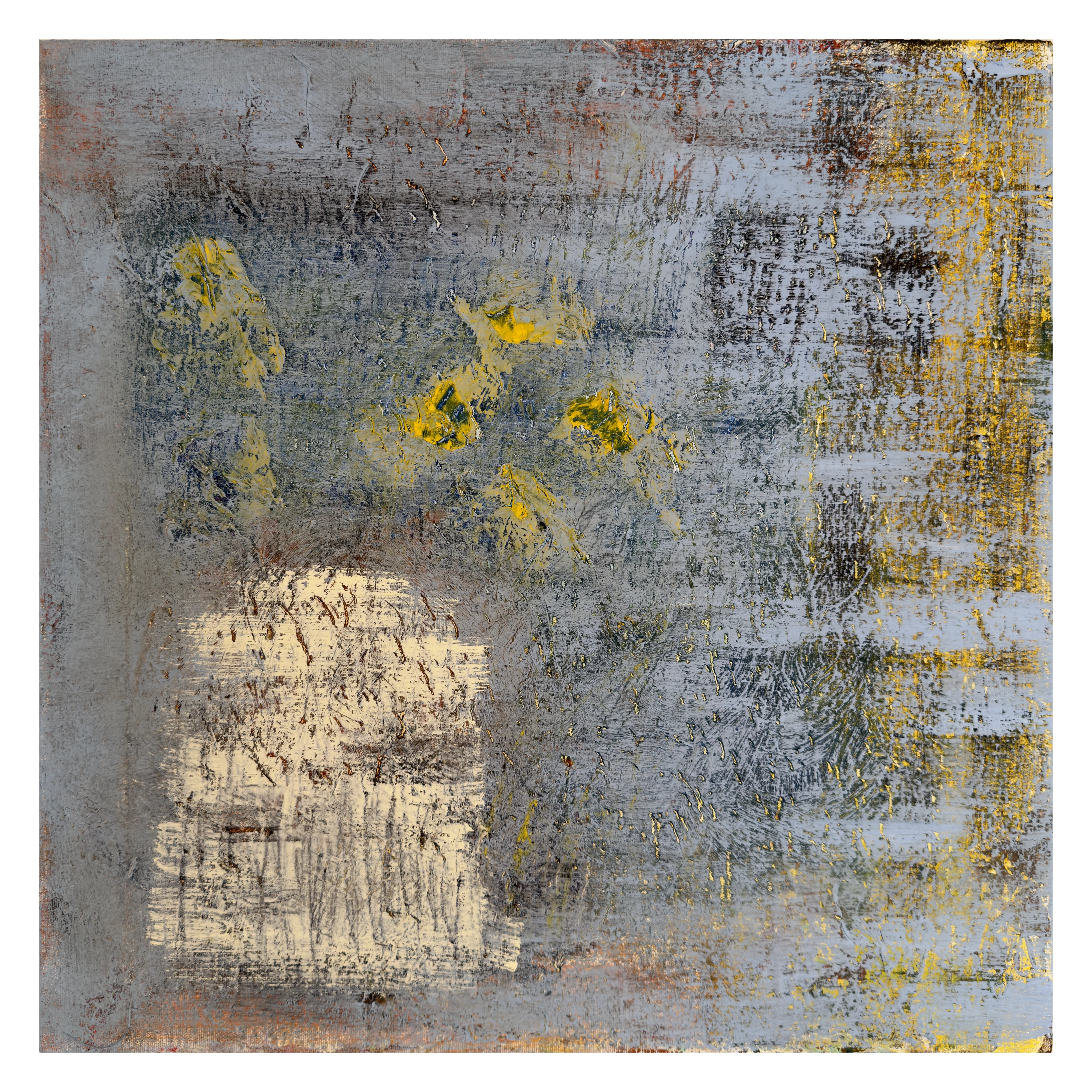 Untitled square acrylic and oil painting with blue-gray, yellow, black, and off-white marks